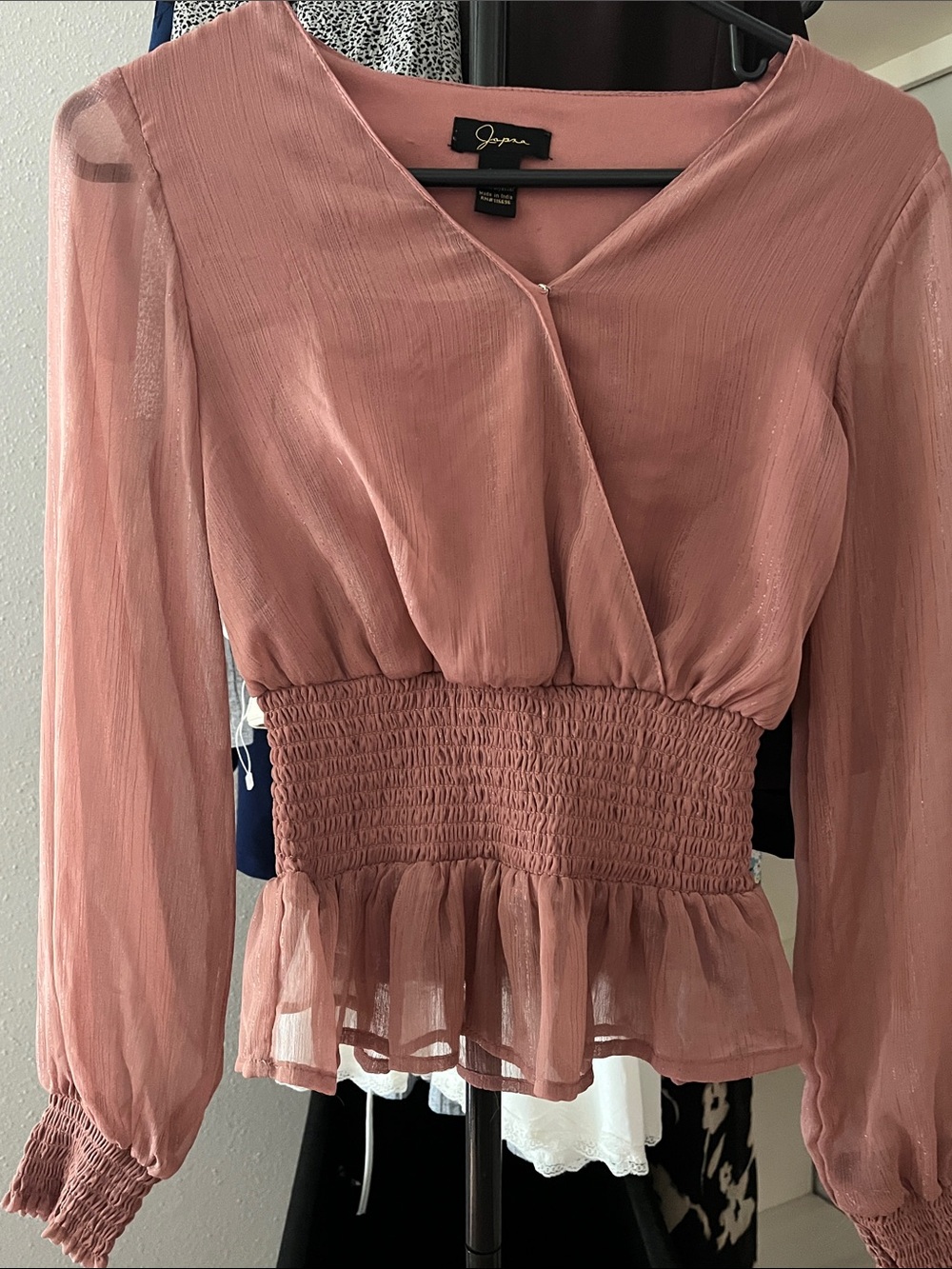 Japna Dusty Rose Smocked-Waist Peplum Blouse